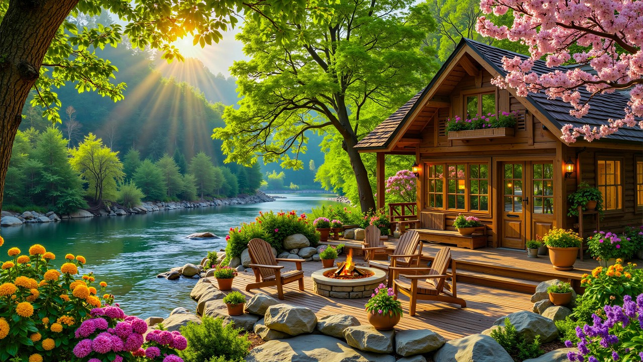 Cozy Spring Porch Ambience 🍀 Porch Lake view 🌊 Smooth Piano Music &  Campfire Sounds for Relaxation