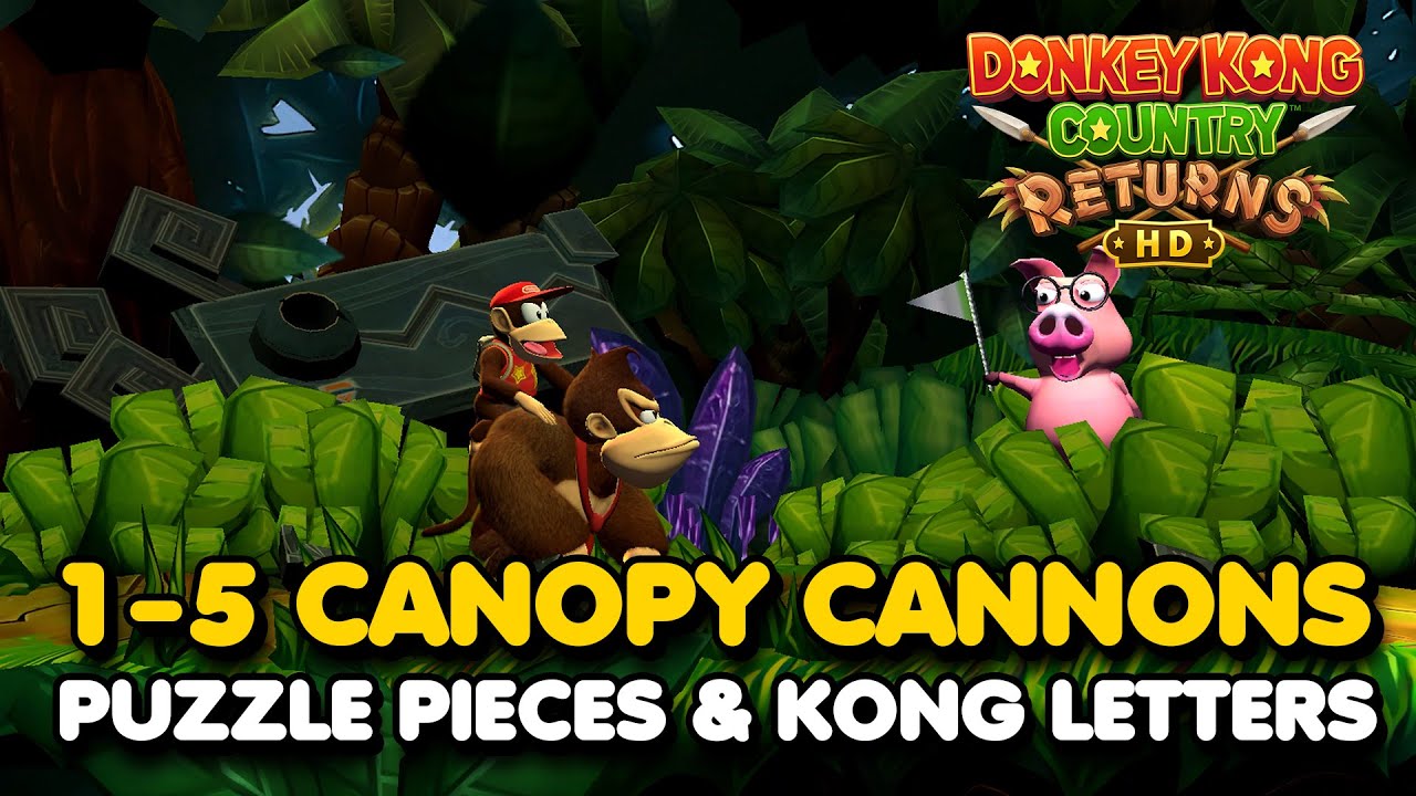 Donkey Kong Country Returns HD - Canopy Cannons 1-5 (All Puzzle Pieces & KONG Letters)