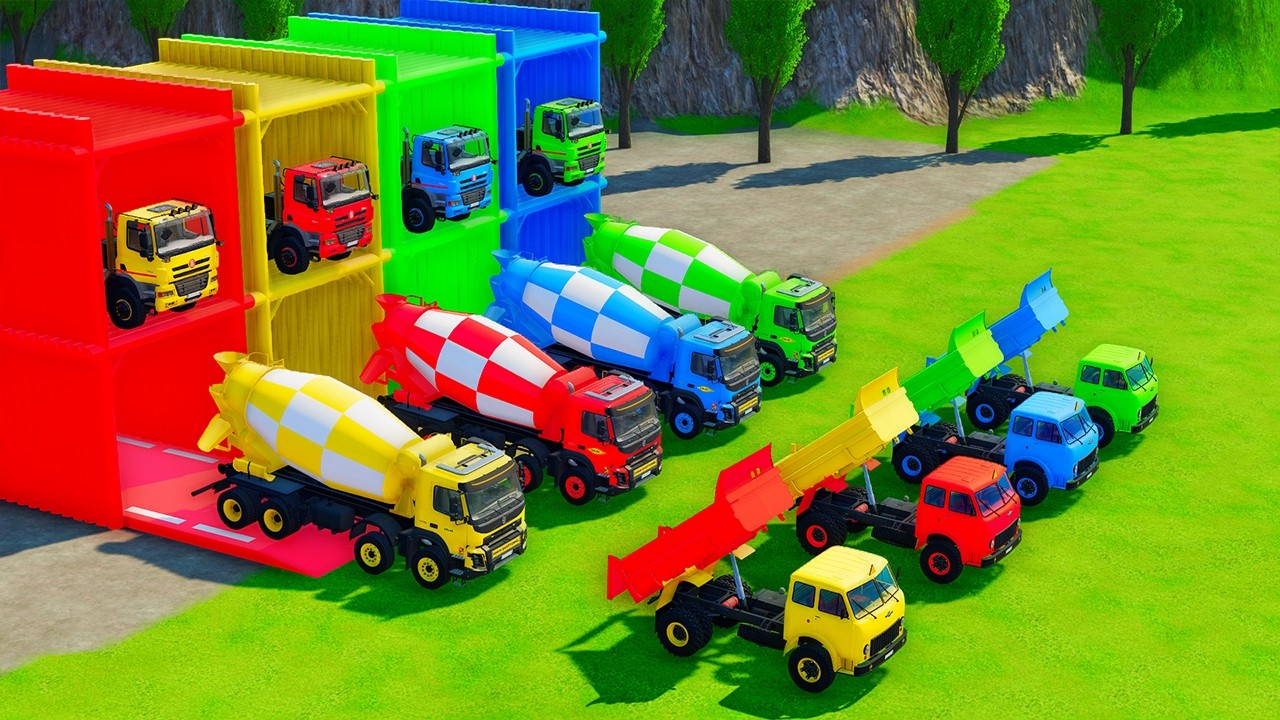 Garage with Colors - ALL MIXER TRUCK WITH DOUBLE FLATBED TRAILER TRUCK, MAN, VOLVO, PETERBILT - FS22