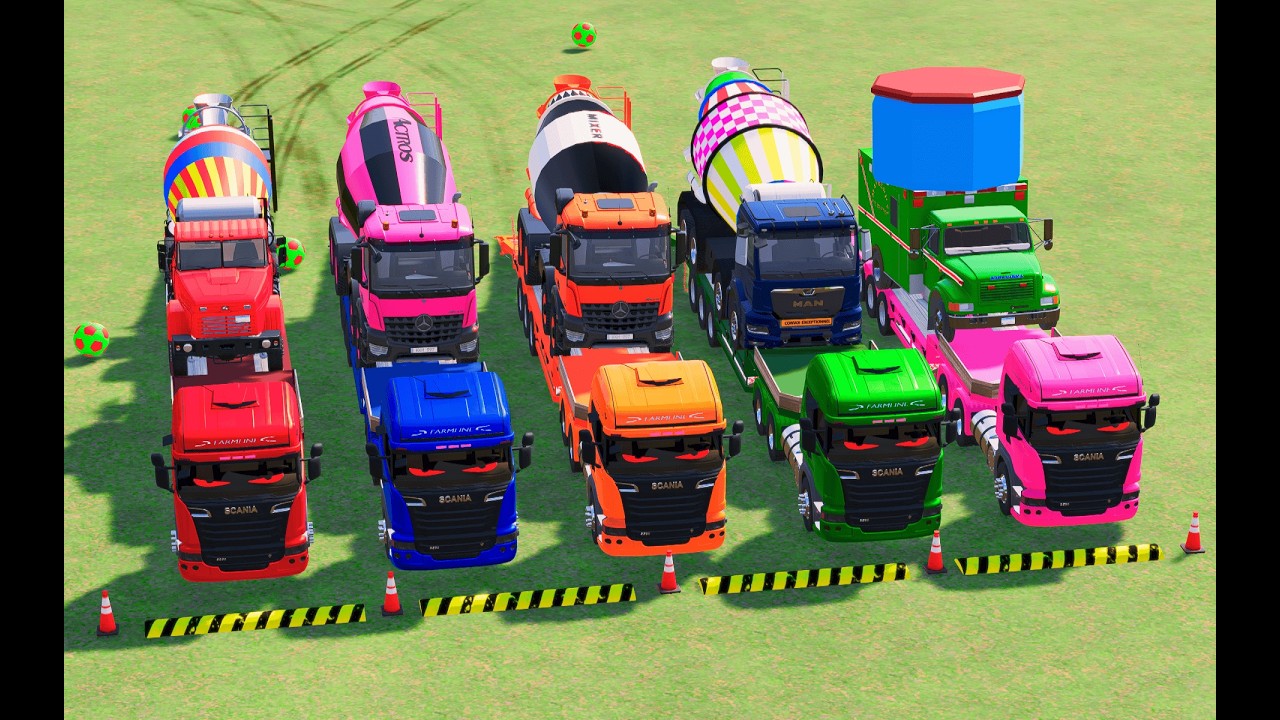 Garage with Colors   ALL MIXER TRUCK WITH DOUBLE FLATBED TRAILER TRUCK, KOMATSU, INTERNATIONAL, MAN