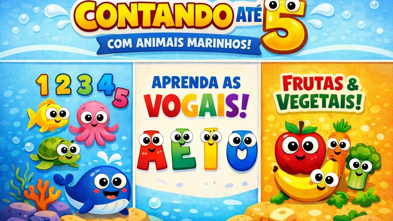 CONTANDO ATÉ 5 COM ANIMAIS MARINHOS 🐠 | APRENDA AS VOGAIS 🔤 E FRUTAS 🍎 E VEGETAIS 🥕