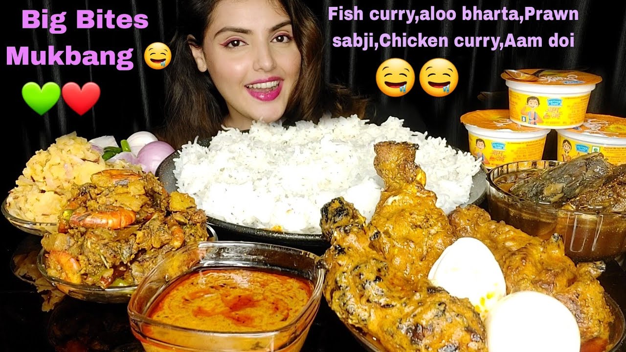 Eating Rice🍗🍗Chicken Butter Masala,Prawns,Fish,Aloo Bharta,Mango Doi,Mukbang,Big Bites,Messy eating