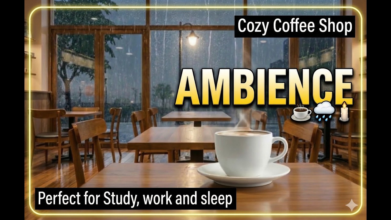 Cozy coffee shop ambience with rain by the window & steaming coffee. Perfect for study, work, sleep