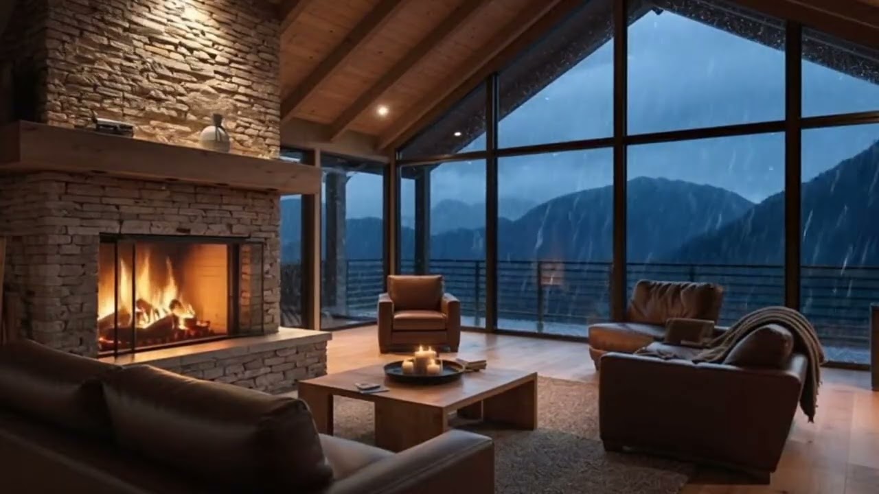 Rainy Night in a Luxury Chalet with Fireplace | Night Ambience for Sleep