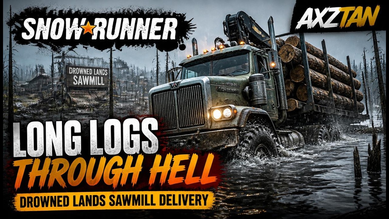 Long Logs Through Hell | Drowned Lands Sawmill Delivery | SnowRunner Logging Challenge | AXZTAN