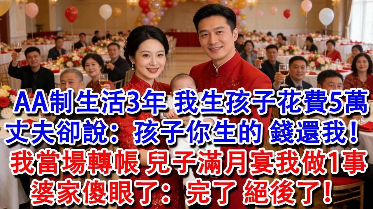 【完結爽文】AA制生活3年，我生孩子花費5萬，丈夫卻說：孩子你生的，錢還我！我當場轉帳。兒子滿月宴上我當眾做1事，婆家傻眼了：完了，絕後了！#婆媳 #家庭 #情感故事 #為人處世 #婚姻 #故事