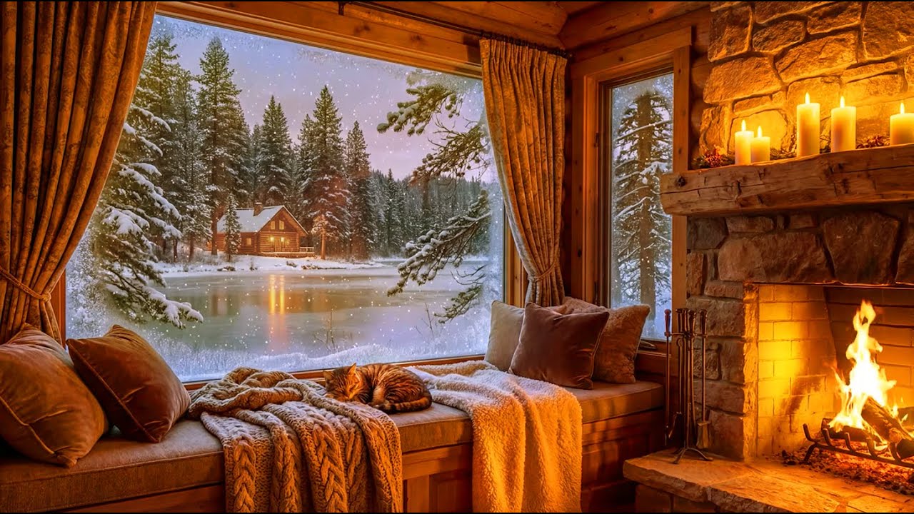 LIVE Cozy Winter Ambience ❄️ Crackling Fire & Cat’s Purring in a Snowy Village | Relax & Unwind