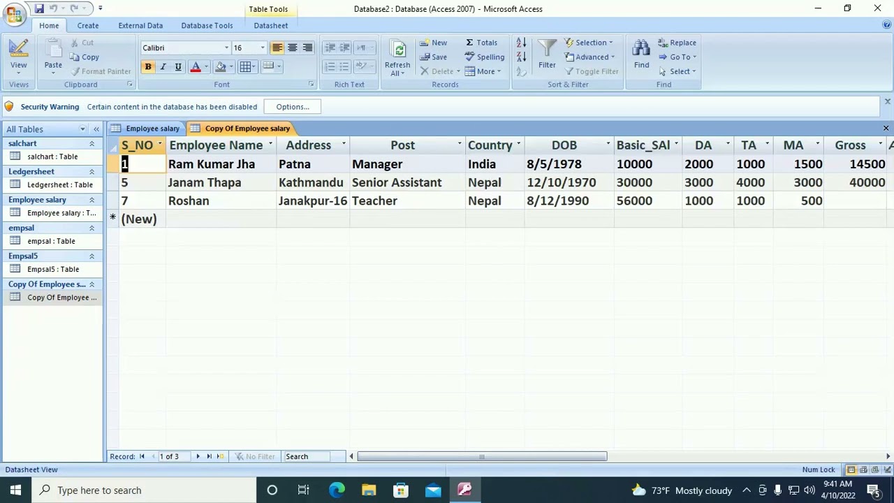 MS Access 2007:-Copy, Rename and Delete the MS-Access database table in Hindi