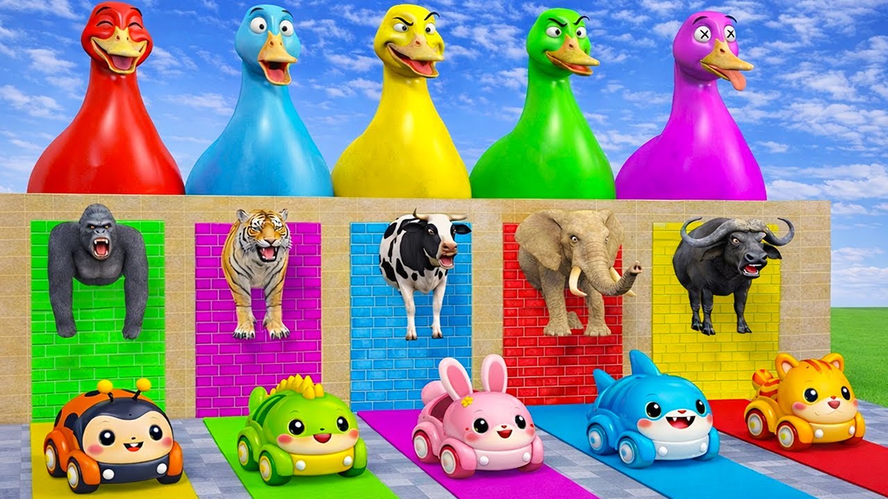 Long Slide Game With Cow Elephant Gorilla Hippopotamus Tiger - 3d Animal Game - Funny 3d Animals