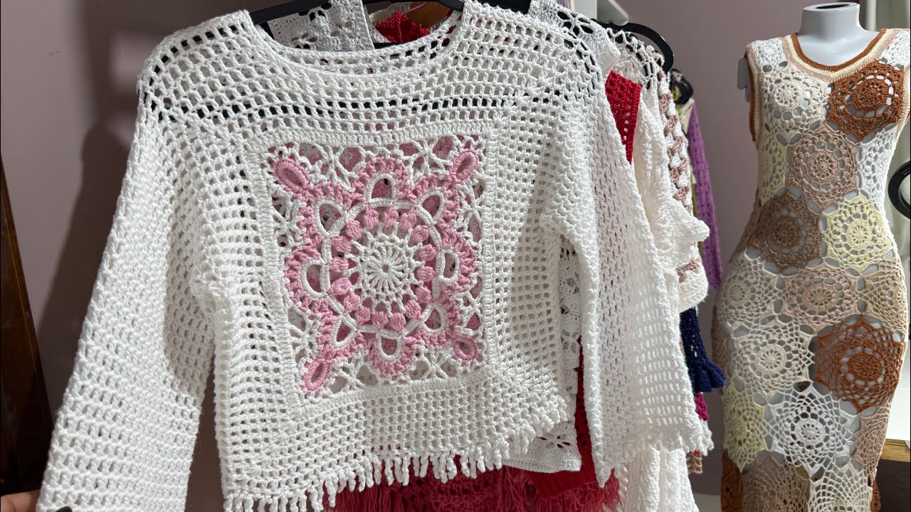 Blusa de manga em crochê ! Blusa quadrado em crochê ! 