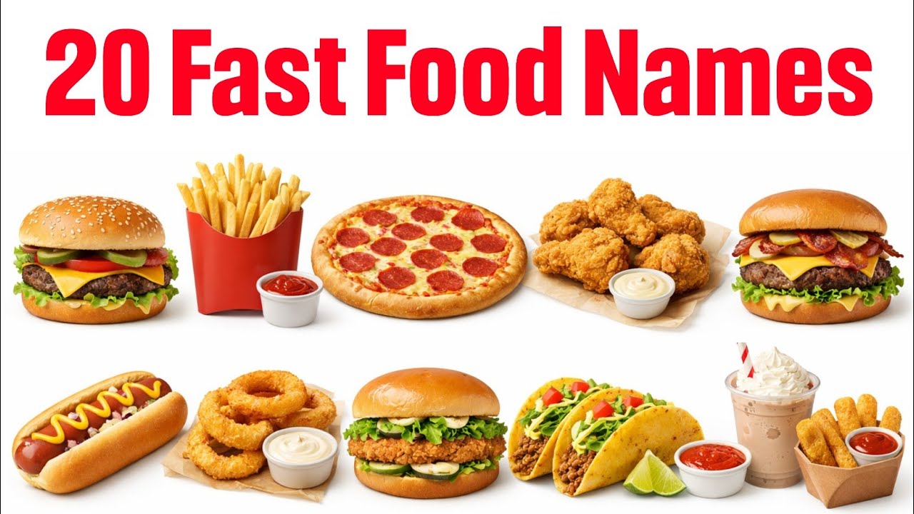 🍔 20 Fast Food Names in English & Hindi | Kids Learning Video