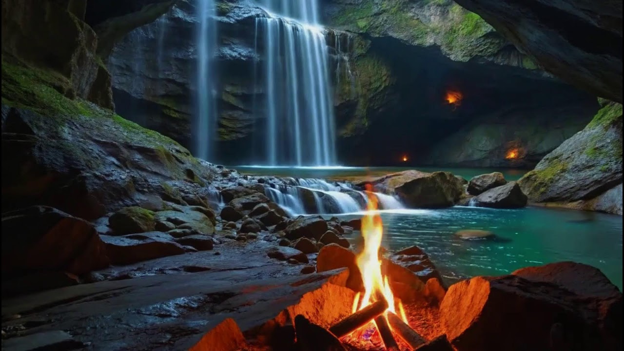 Soothing Warm Fire &  Gentle Waterfall  Atmosphere with  Soft Birds  | Cozy Hearth ASMR |  Calm Focu