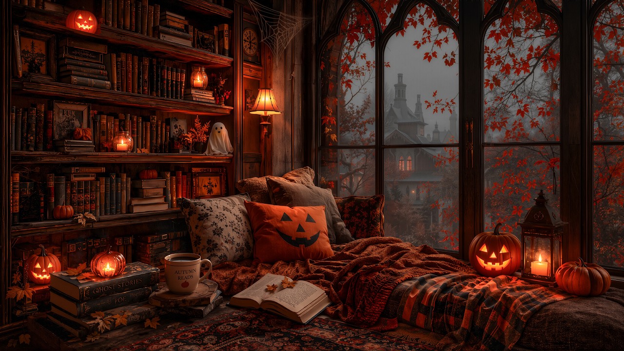 Cozy Reading Nook in a Halloween Ambience | Haunting Piano & Cello with Rain | Dark Academia Music