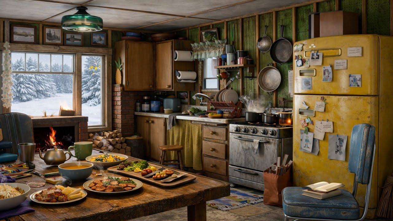 Rustic Cottage Kitchen ASMR ❄️ Winter Fireplace, Soft Cooking & Snow Outside