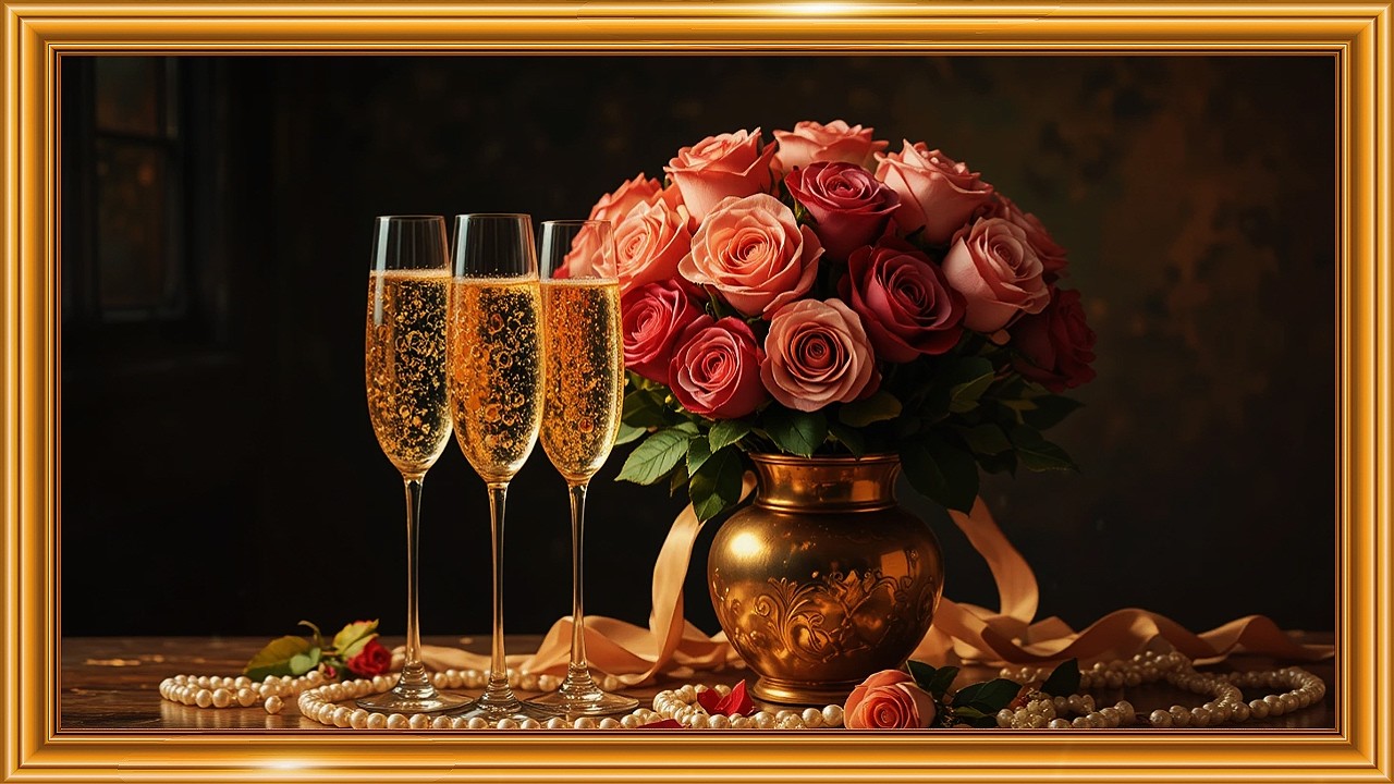 Champagne Celebration Still Life 🥂 Crystal Flutes & Roses | Baroque Chiaroscuro Art 4K