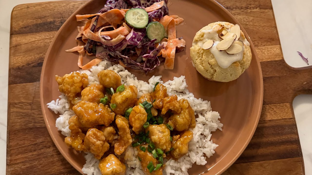 Orange Chicken, Asian Slaw, and Almond Muffins
