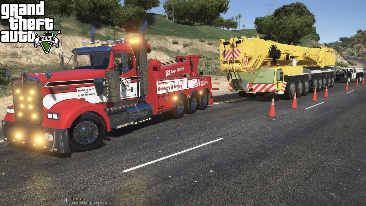 GTA 5 Real Life Mod #238 Towing A LTM 1500 Mobile Crane With A Heavy Duty Wrecker Tow Truck.