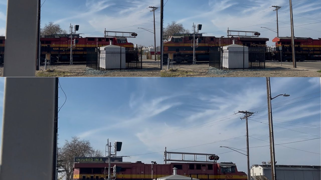 CPKC - KCS 5001 leads UP Grain Train North - E, Lodi Avenue. Railroad Crossing, Lodi CA