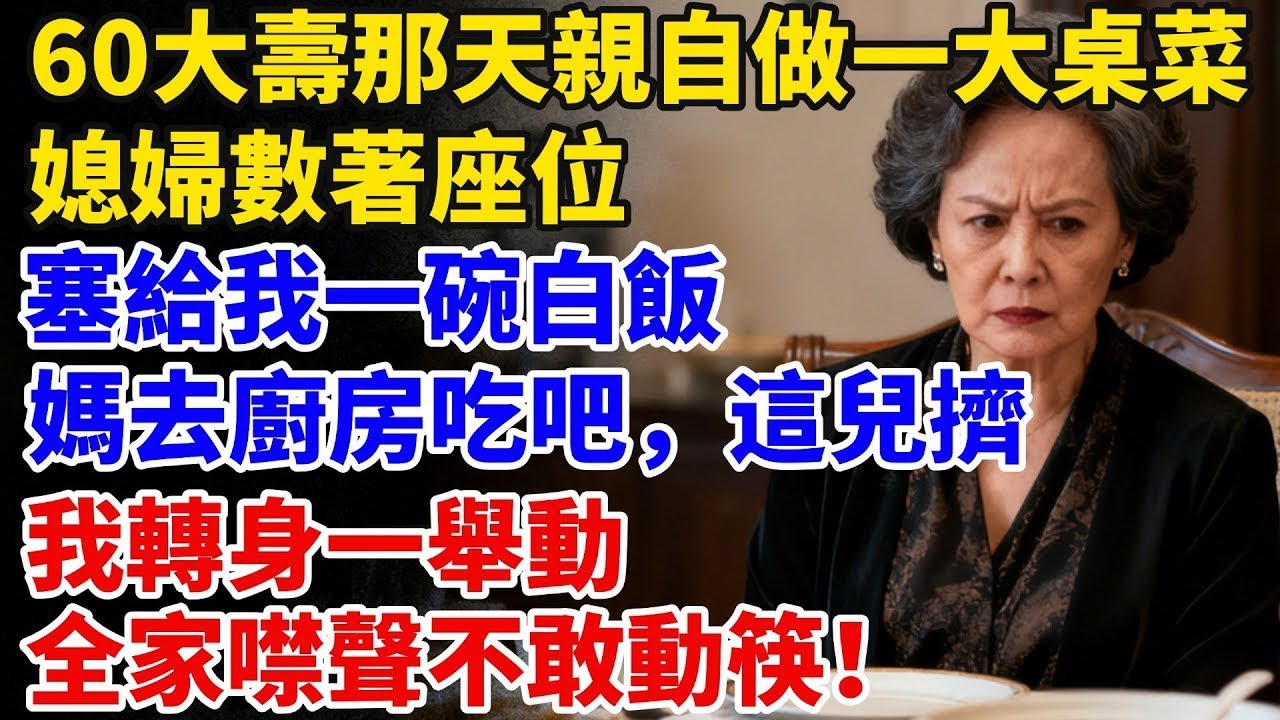 60大壽那天親自做了一大桌菜，媳婦數著座位塞給我一碗白飯：「媽去廚房吃吧，這兒擠。」我轉身一舉動，全家噤聲不敢動筷！【星河故事鋪】#完結#情感故事#婆媳關系#家庭生活#爽文#正能量 #故事頻道#