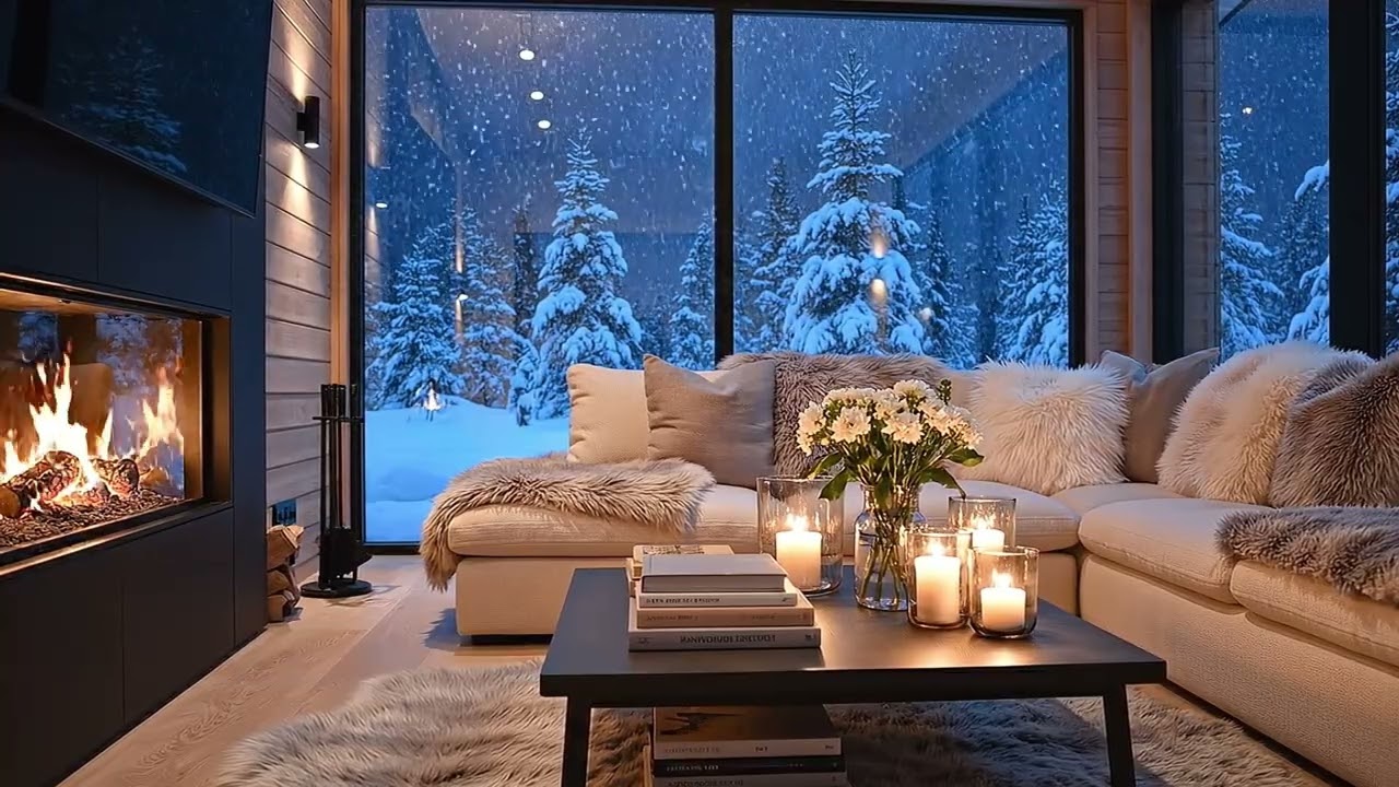 Cozy Living Room Ambience ❄️ Candlelight & Fireplace on a Snowy Evening