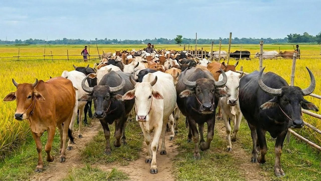 Funny buffaloes and cows in the ripening rice fields - Cow sounds - Video about buffaloes and cows