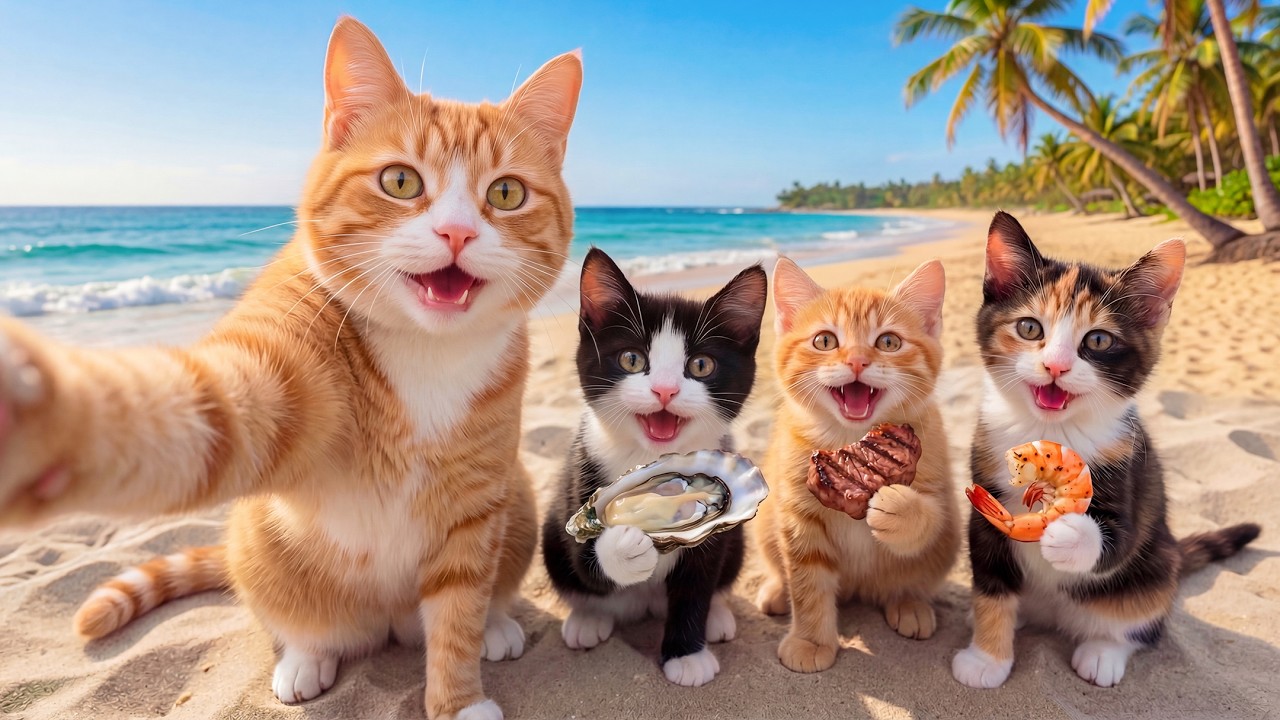 Kitten Visit Their Cousin by the Sea with Mama Cat and Enjoy a Cozy Beach BBQ | Warm Healing 🌊🐾