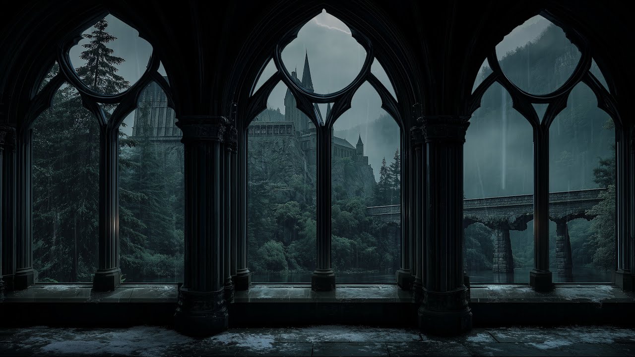 Medieval Castle Window 4K - Rainy View with Cozy Thunderstorm Sounds & Reading Ambience