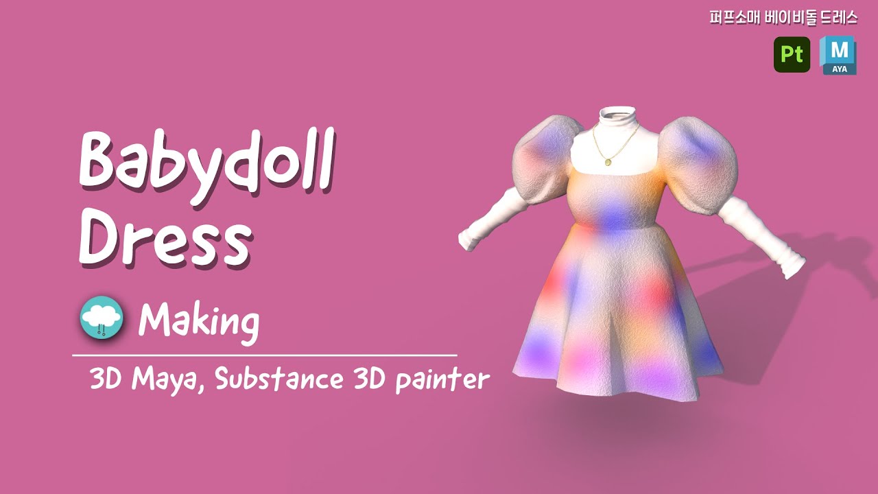 Puff sleeves babydoll dress, Speed Modeling & Painting, 3D Maya, Substance 3d Painter