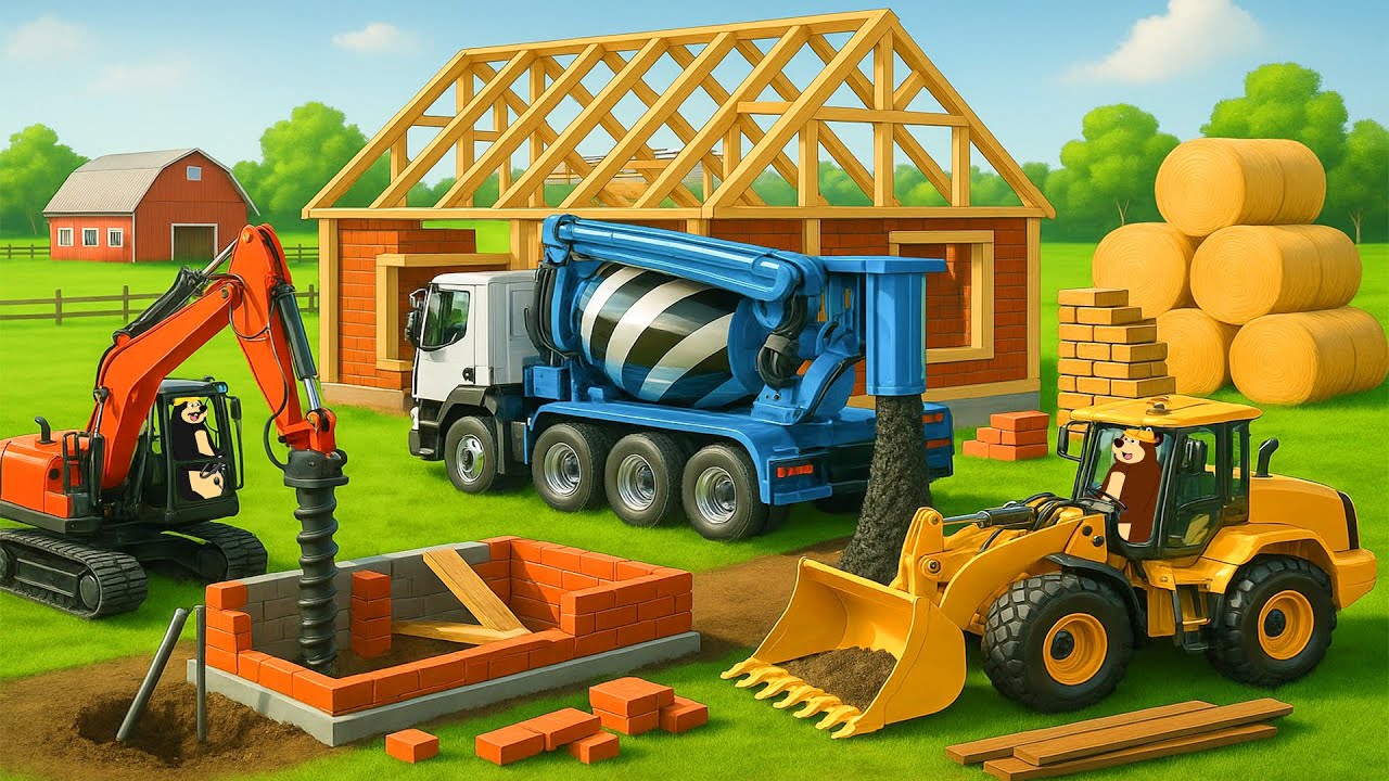 Building a New House at Farm 🏗️🚜 | Crane, Trucks & Concrete Work | Realistic Farm Animation