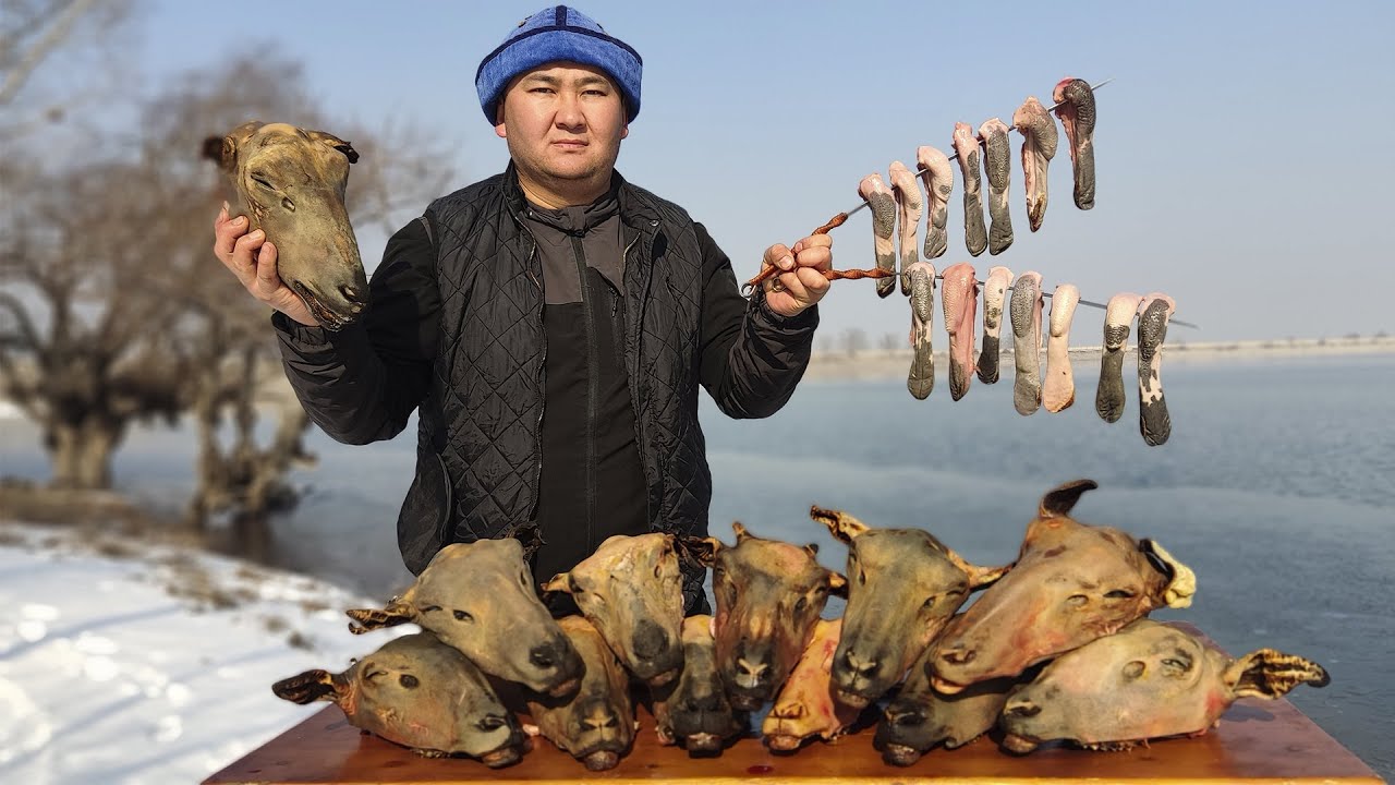 Lamb Tongues on Coals and Soup From Lamb Heads - Cooking in a Beautiful Nature