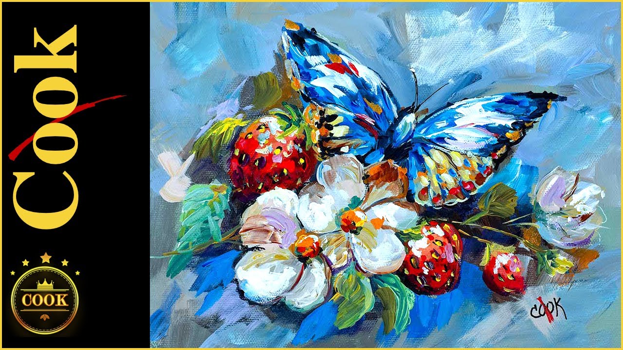 How to Paint a Butterfly Among the Strawberries in Acrylics Fun Easy #butterflypaintingtutorial