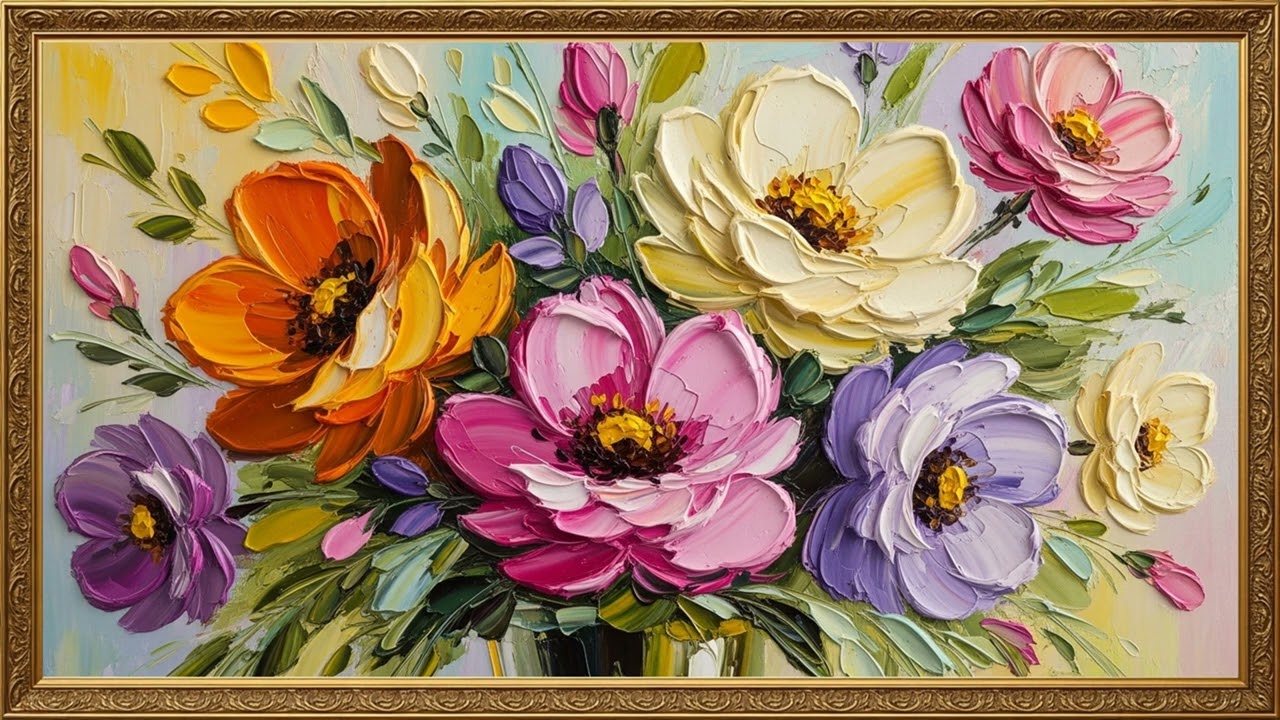 Colorful Oil Painted Flowers 🌷 Decorative 4K TV Art Screen