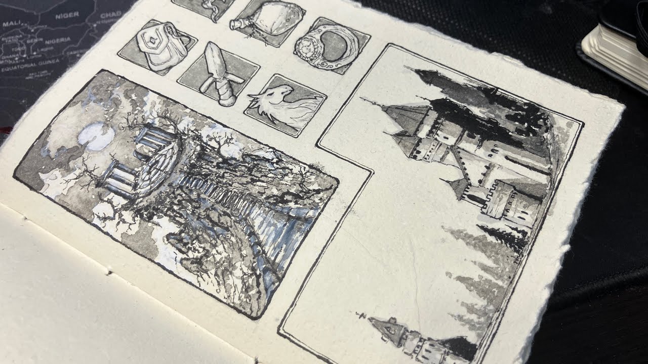 Relaxing Fantasy Worldbuilding Sketch — Old Manuscript Art & Black/Grey Pen Drawing