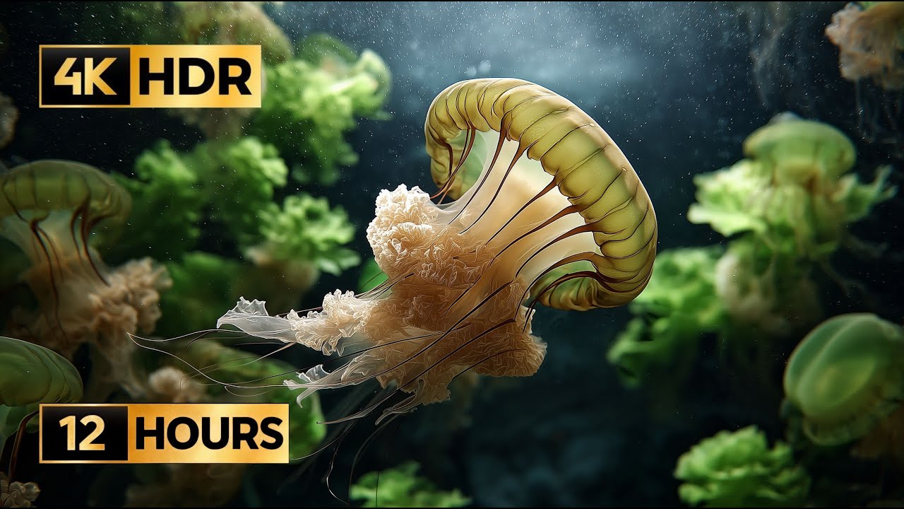 Jellyfish Swimming in 4K HDR Aquarium | Piano Music | 12 Hours