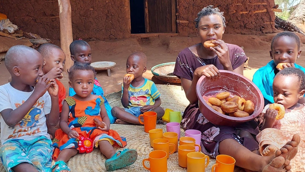 Our Youngest Organic Mom Cooks Delicious Village Food Donuts with Tea for Breakfast