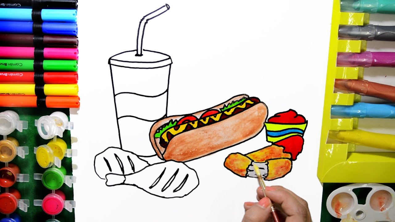 Draw Color Paint Fast Food, Hot Dog, Grilled Chicken Coloring Pages and Learn to Color
