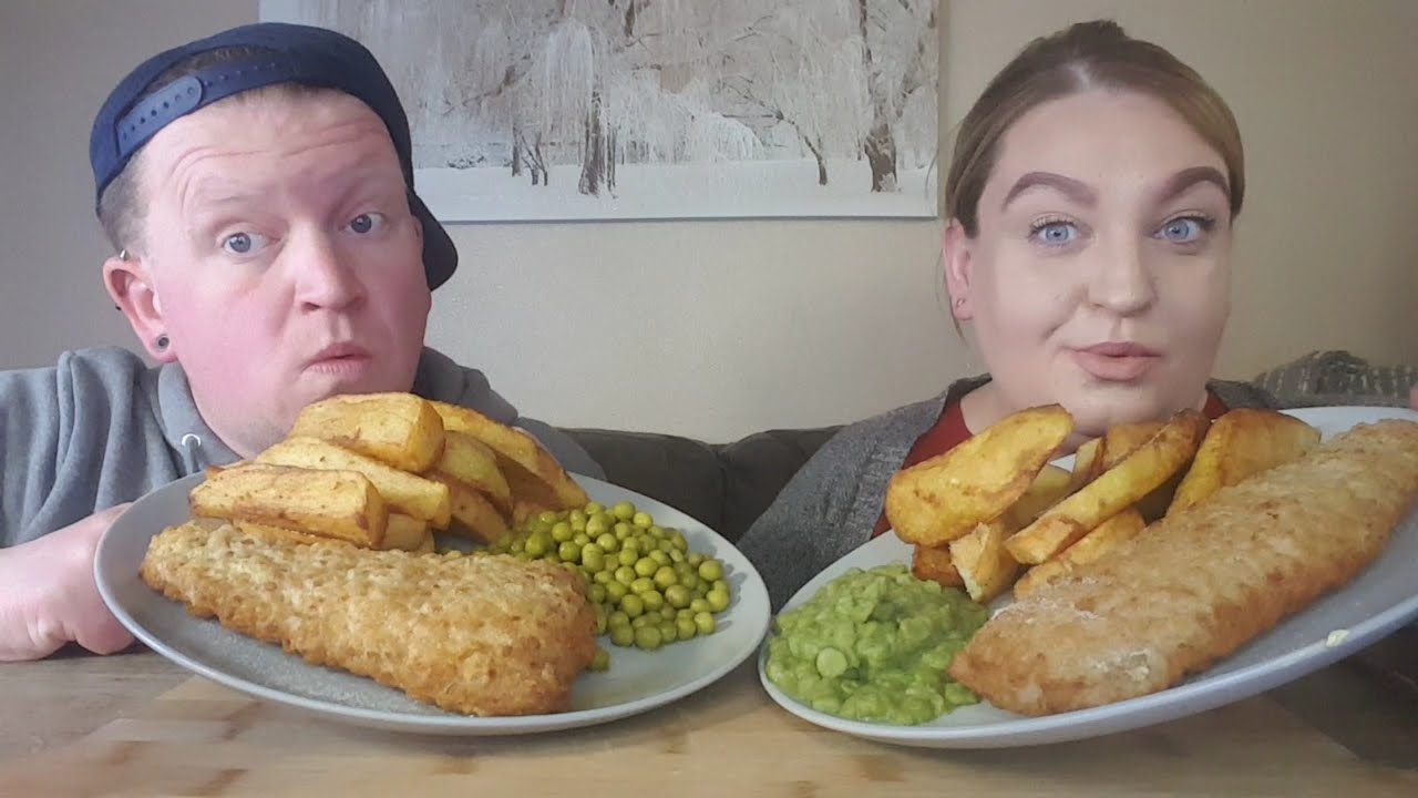 Beer battered fish and chips mukbang (traditional British meal)