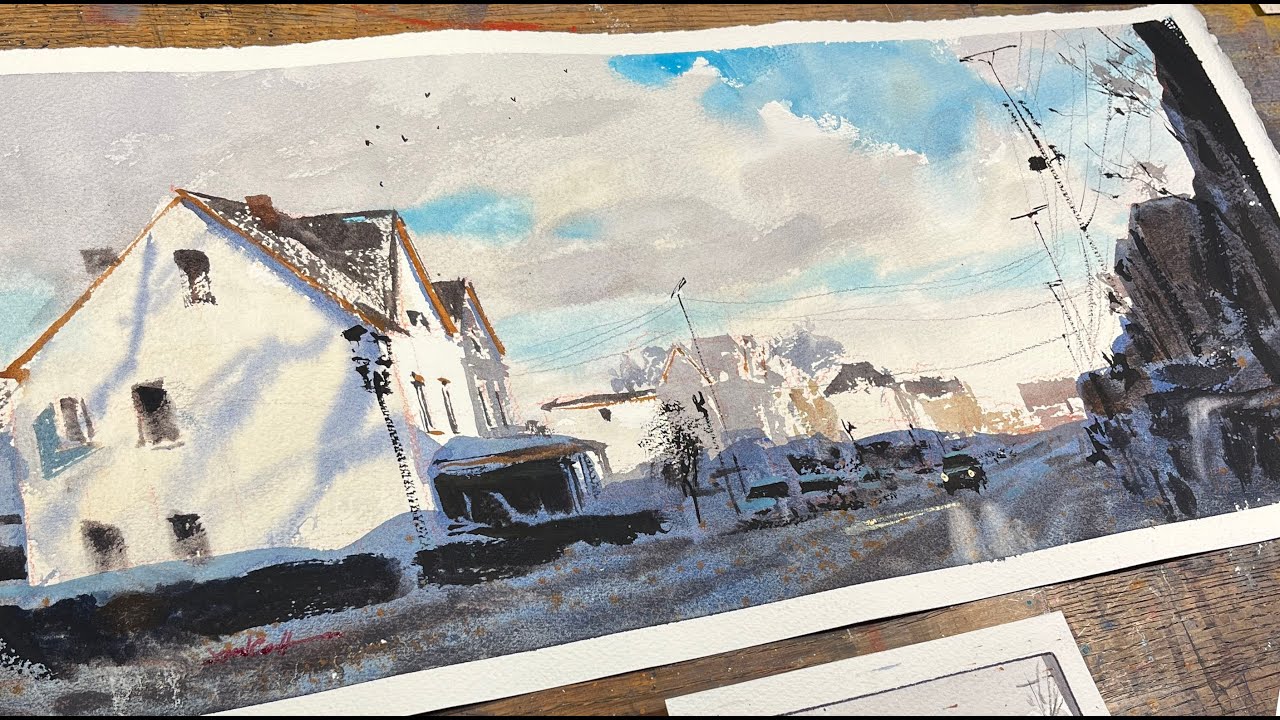 Bellevue in Snow Watercolor | Cohesive big shape value relationships