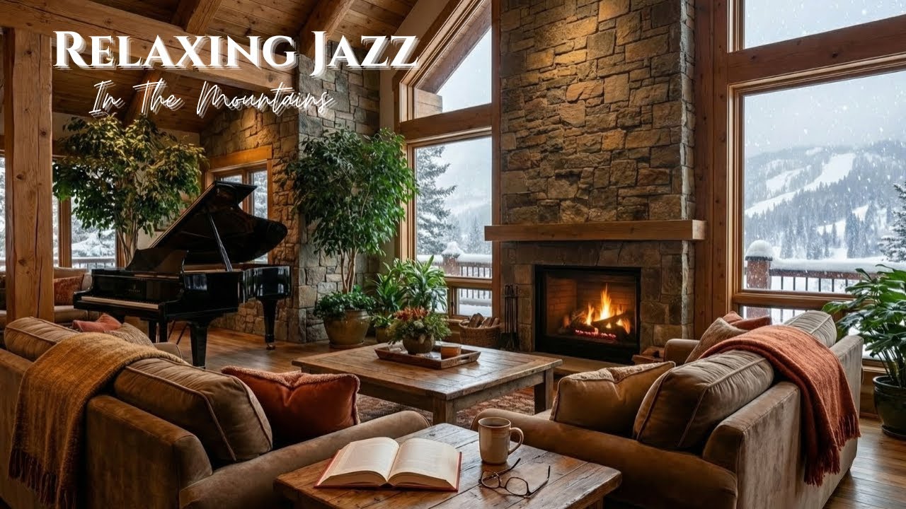 Jazzy Cozy Fireplace Burning | Relaxing In The Mountains