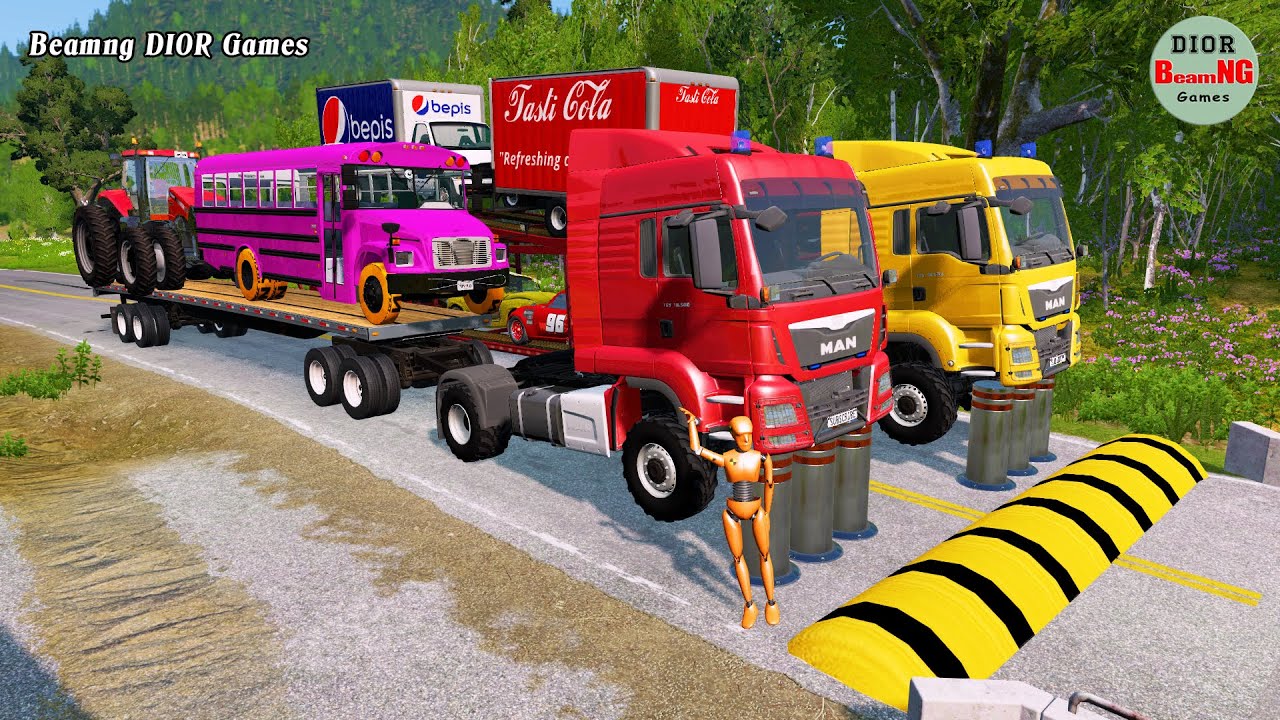 Double Flatbed Trailer Truck cars vs rails tractor vs train cars vs bollards Beamng Drive 294