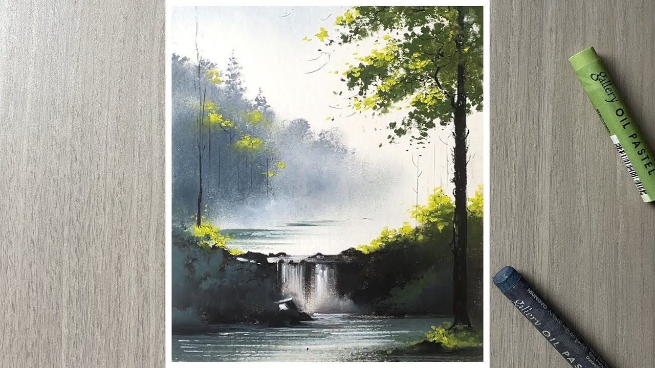 Misty mountain scenery - oil pastel painting