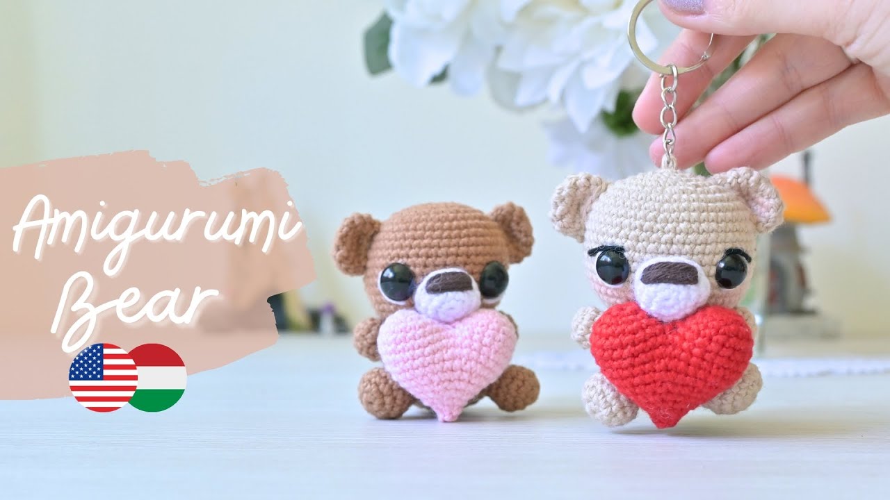 Mini Crochet Bear with Heart for Valentines Day PART I. Mini keychain