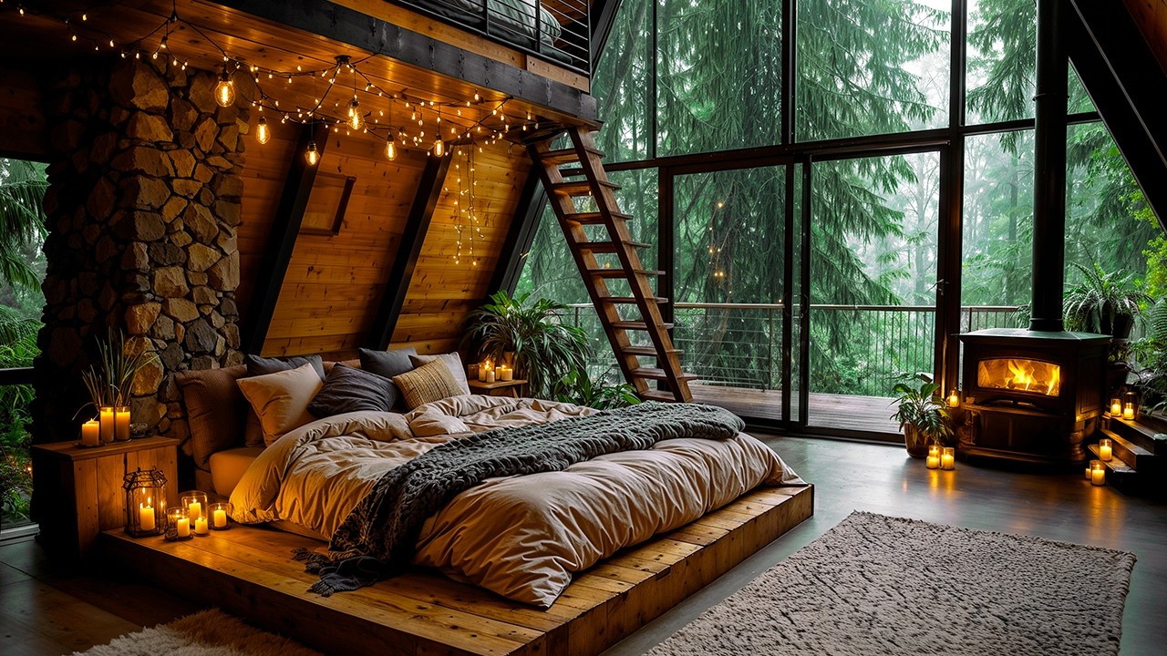 You're sleeping in a Rainy Forest Glass Cabin 🔥 Cozy Fireplace Jazz Soft for Deep Relaxation