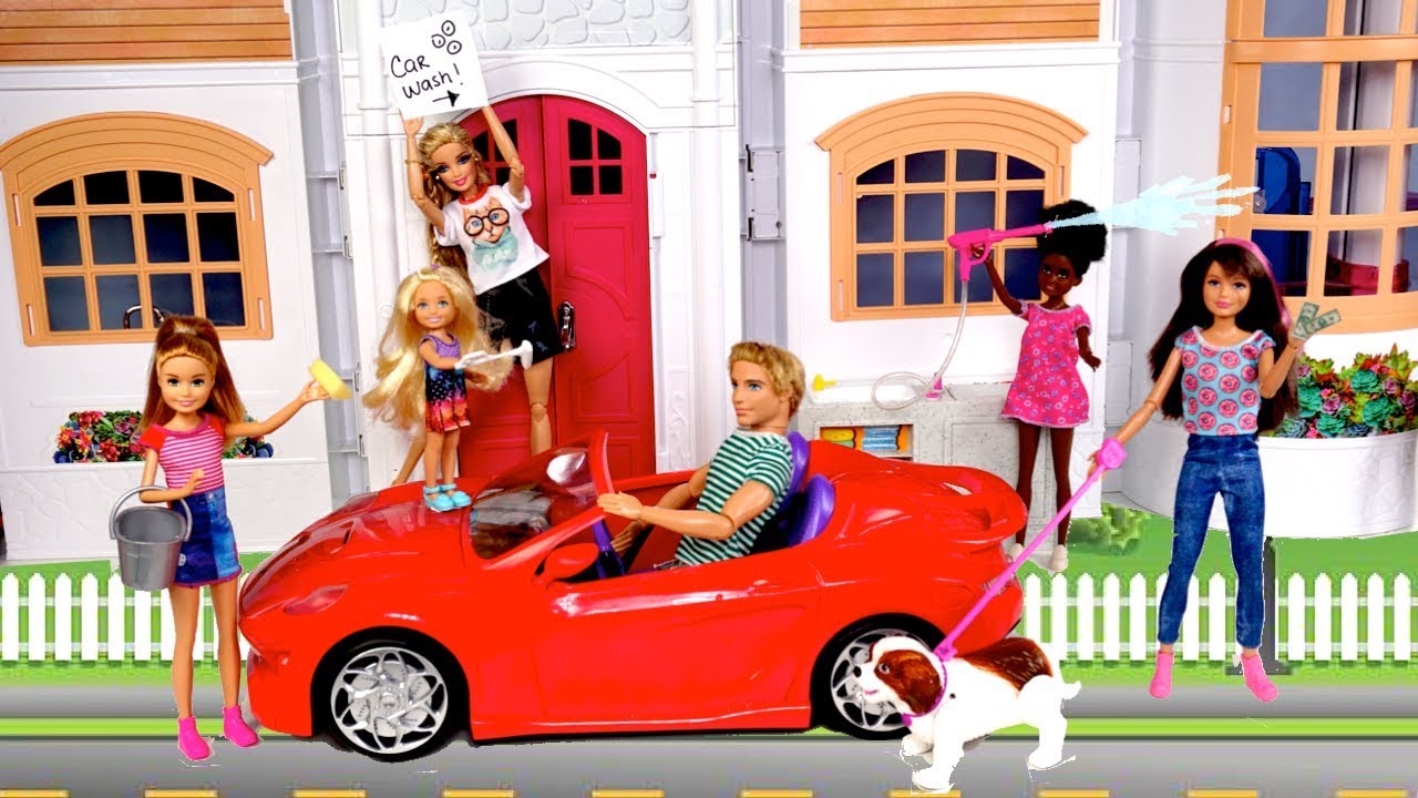 Barbie Chelsea Stacie New Chores Routine - Car Wash, Garage Sale Dog Walker