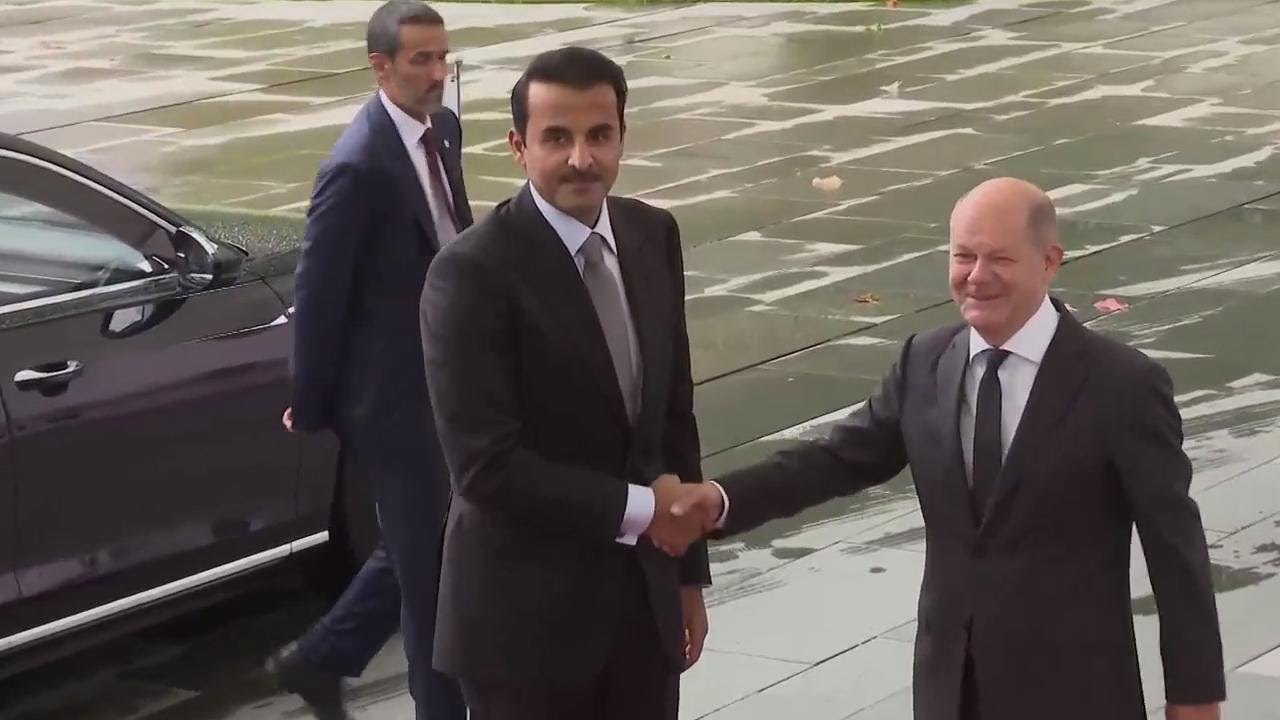 German Chancellor Olaf Scholz receives the Emir of Qatar, Sheikh Tamim Bin Hamad Al-Thani