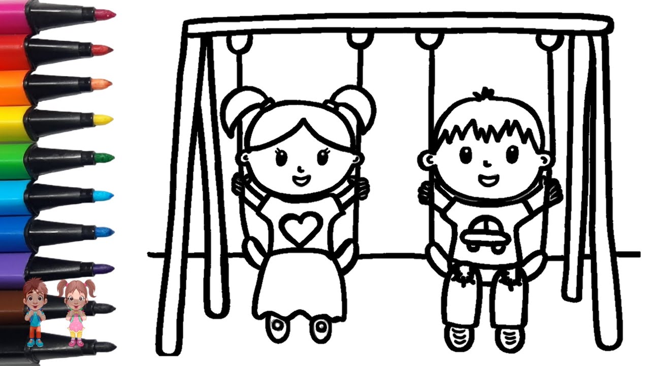 Dibuja y Coloraci&oacute;n Ni&ntilde;os En El Columpio 👦🏻 👧🏻🎨 Dibujos Para Ni&ntilde;os 🎨 Dibujos Faciles A Color
