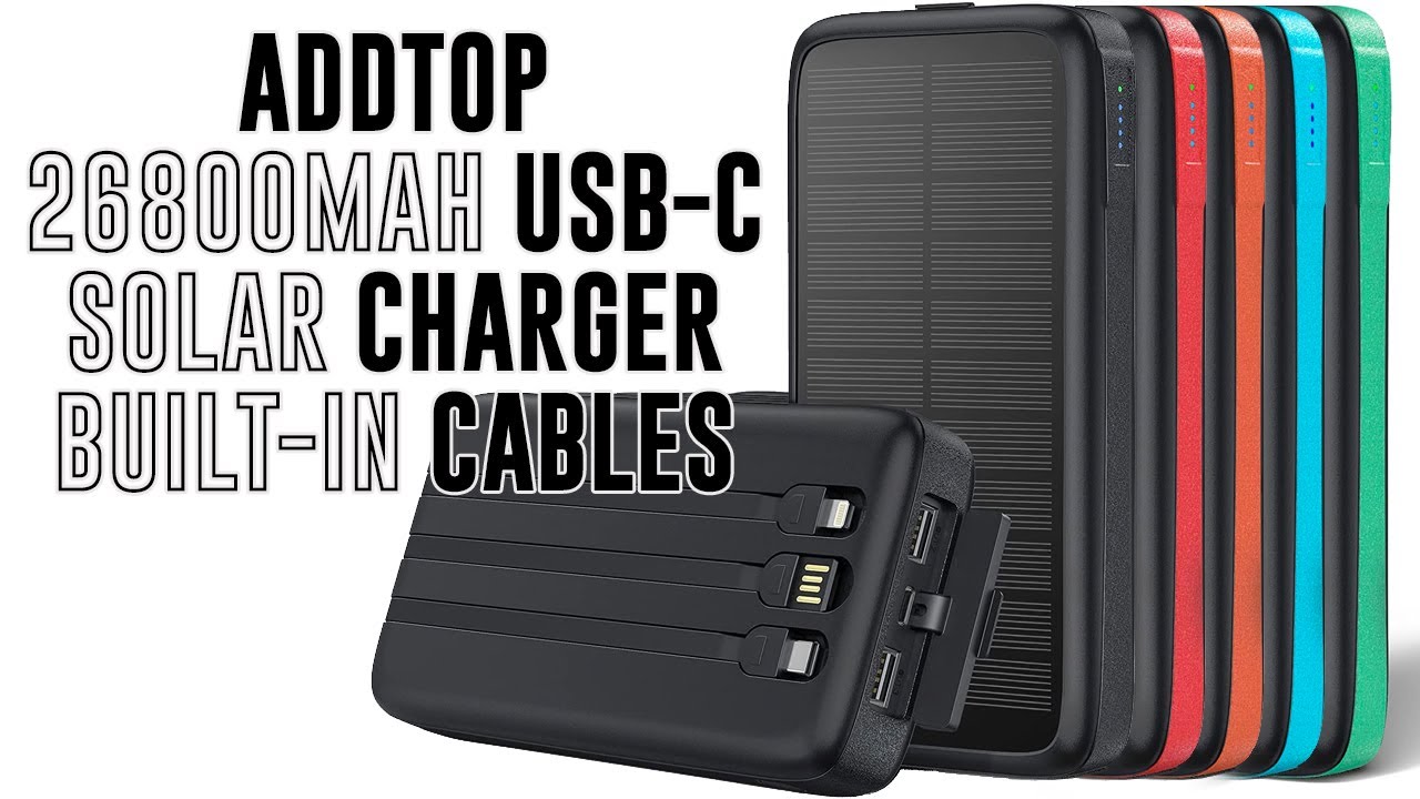 ADDTOP Solar Charger 26800mAh Power Bank with 3 Built-in USB-C Lightning Cables
