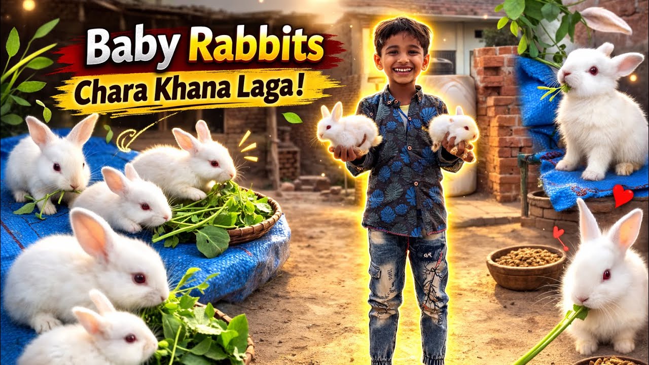 Baby rabbits chara khana laga 