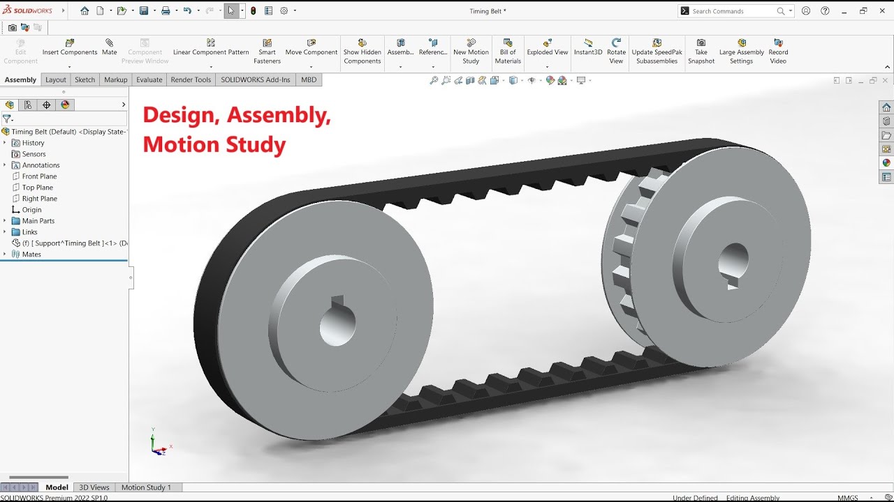 Timing belt and pulley design assembly and motion study tutorial in solidworks
