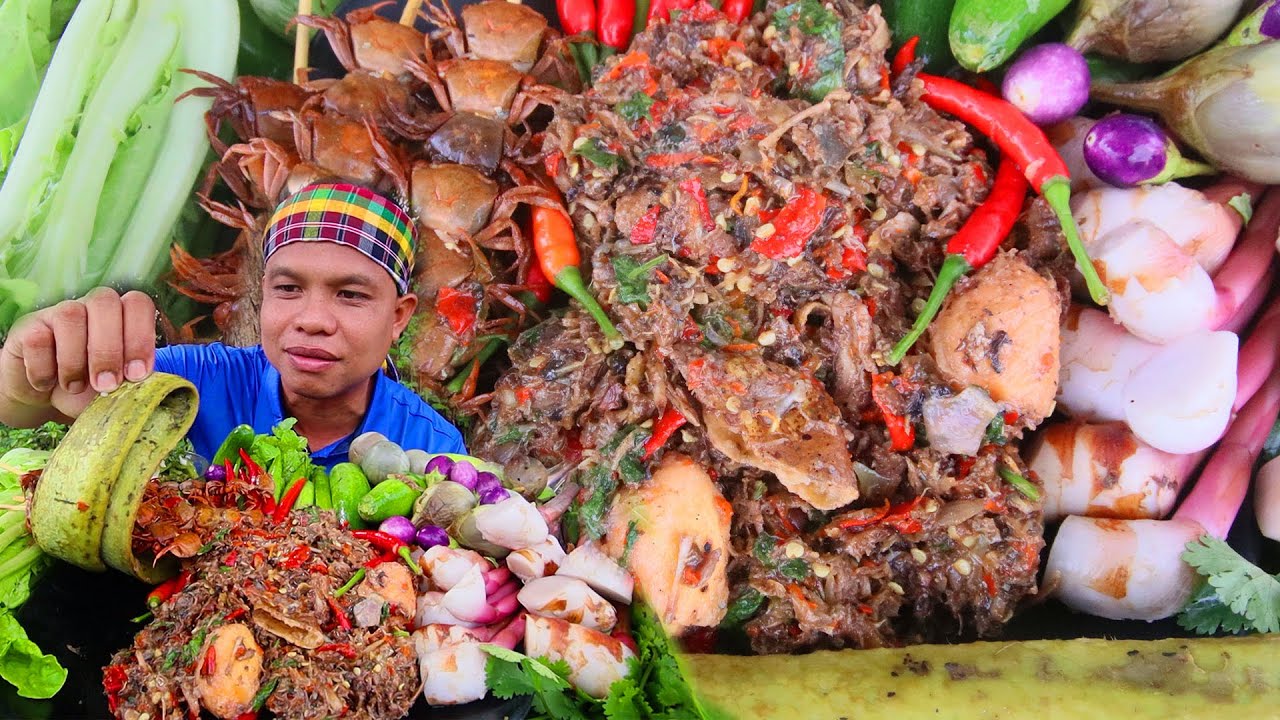 #ป่น#ปิ้งปูนาป่นใส่บักกอกสุกต้มข่าอ่อนเผาหมากลิ้นฟ้า